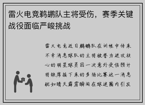 雷火电竞鹈鹕队主将受伤，赛季关键战役面临严峻挑战