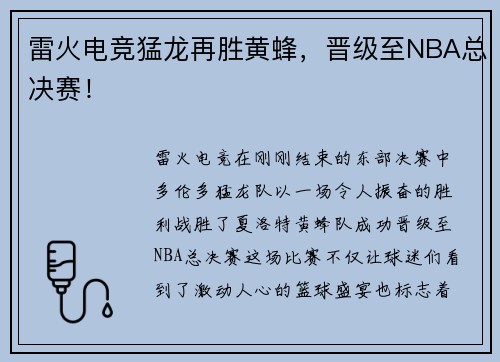 雷火电竞猛龙再胜黄蜂，晋级至NBA总决赛！